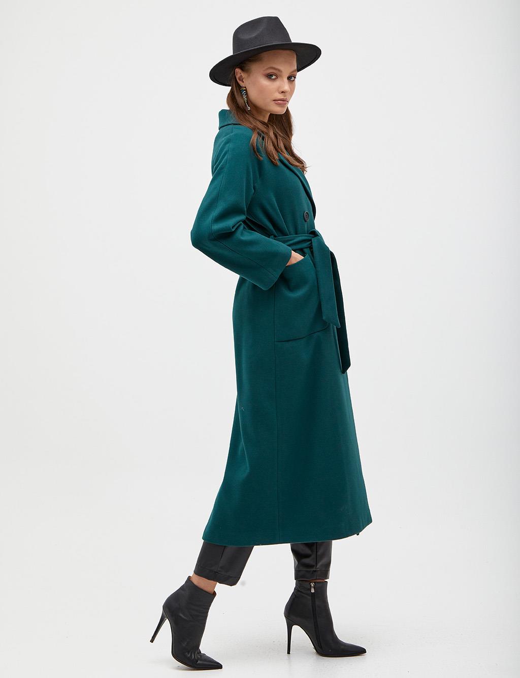 Marbled Double Breasted Belted Coat Emerald