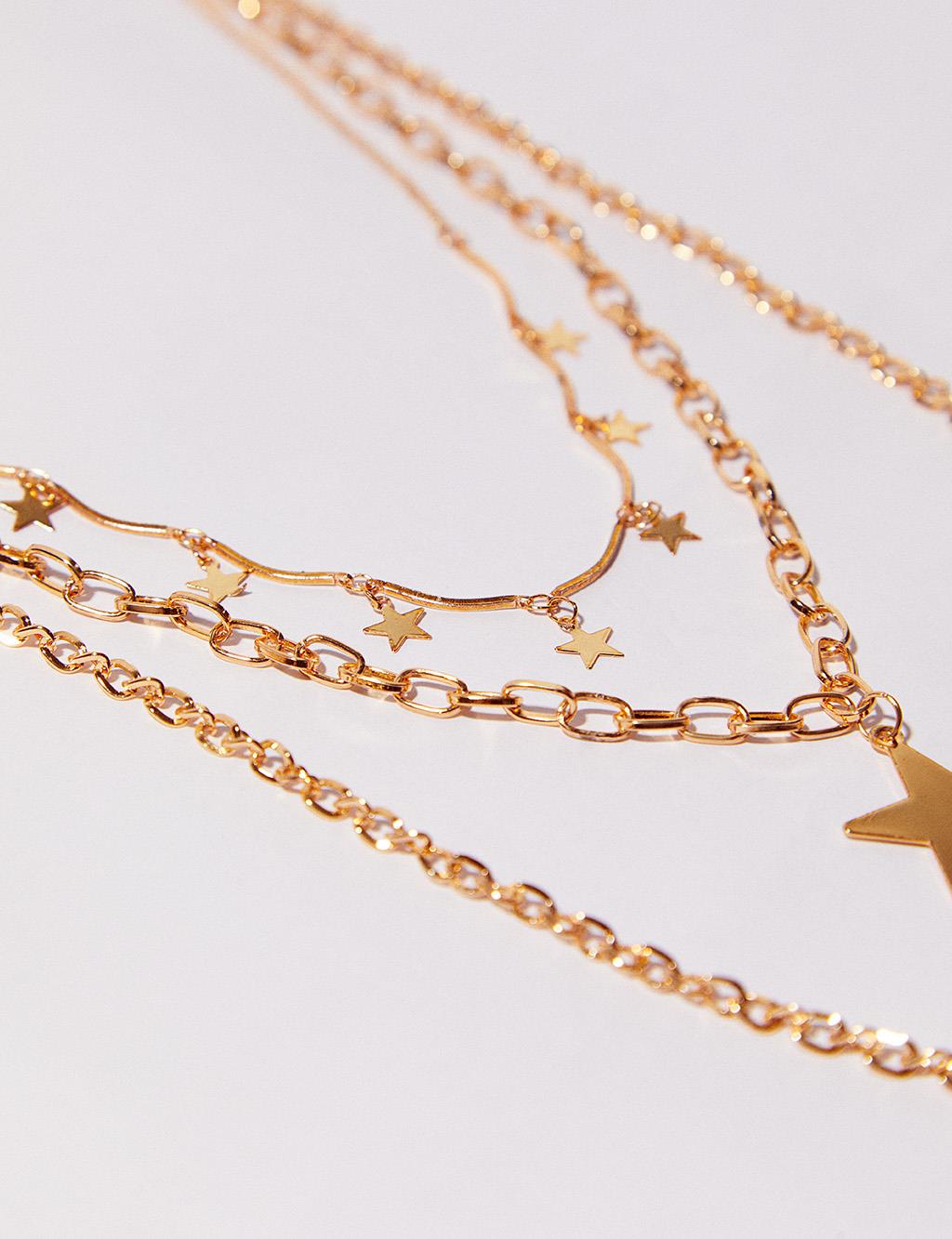Star Figured Triple Chain Necklace Gold
