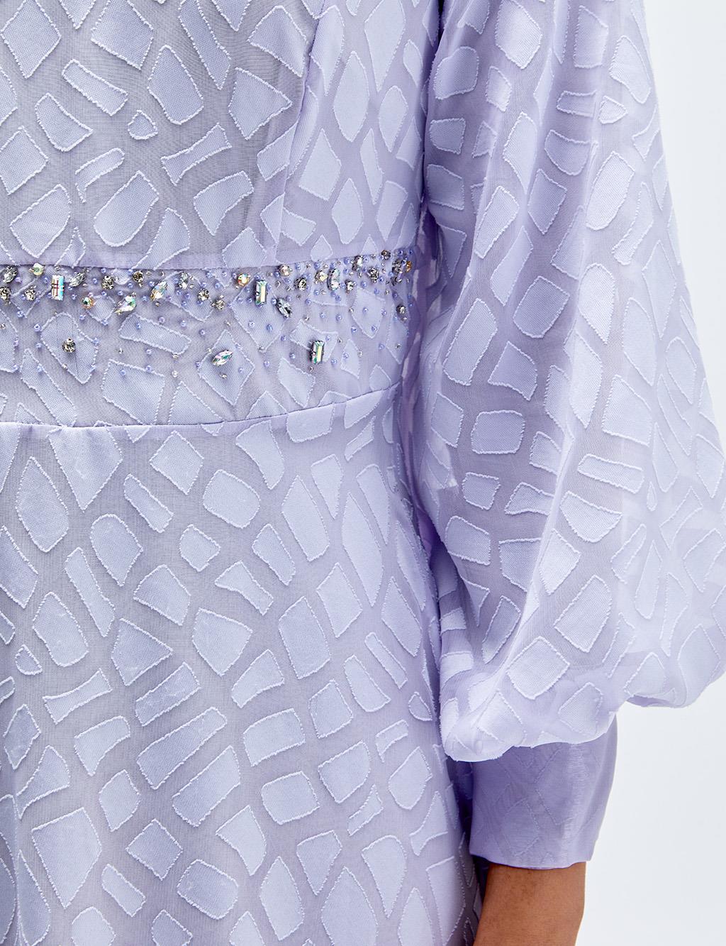 Abstract Patterned Balloon Sleeve Dress Lilac