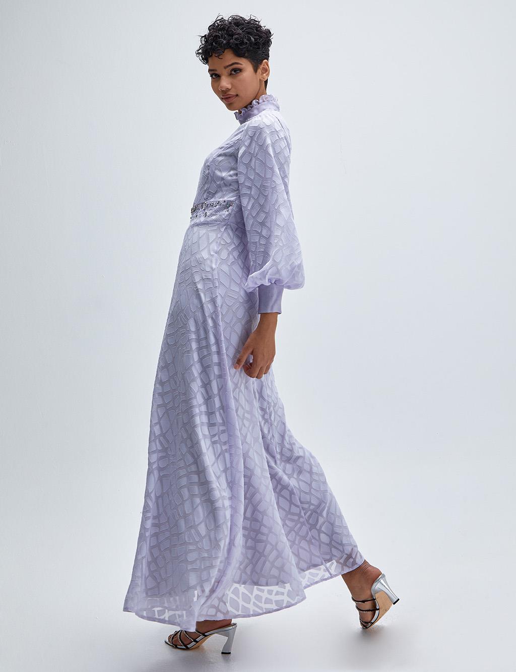 Abstract Patterned Balloon Sleeve Dress Lilac