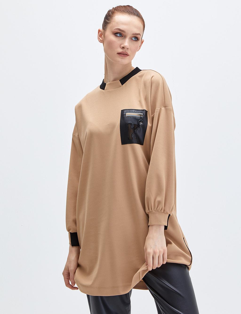 KYR Faux Leather Pocket Detailed Sweatshirt Beige
