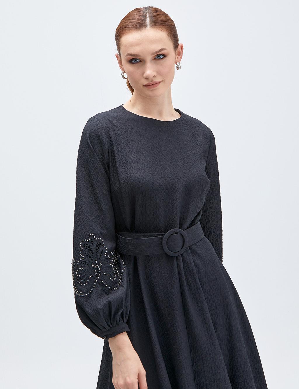Stone Embroidered Embossed Dress Black