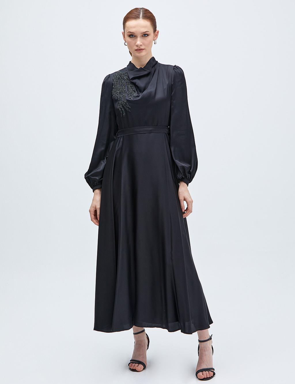 Shawl Collar Satin Dress Black