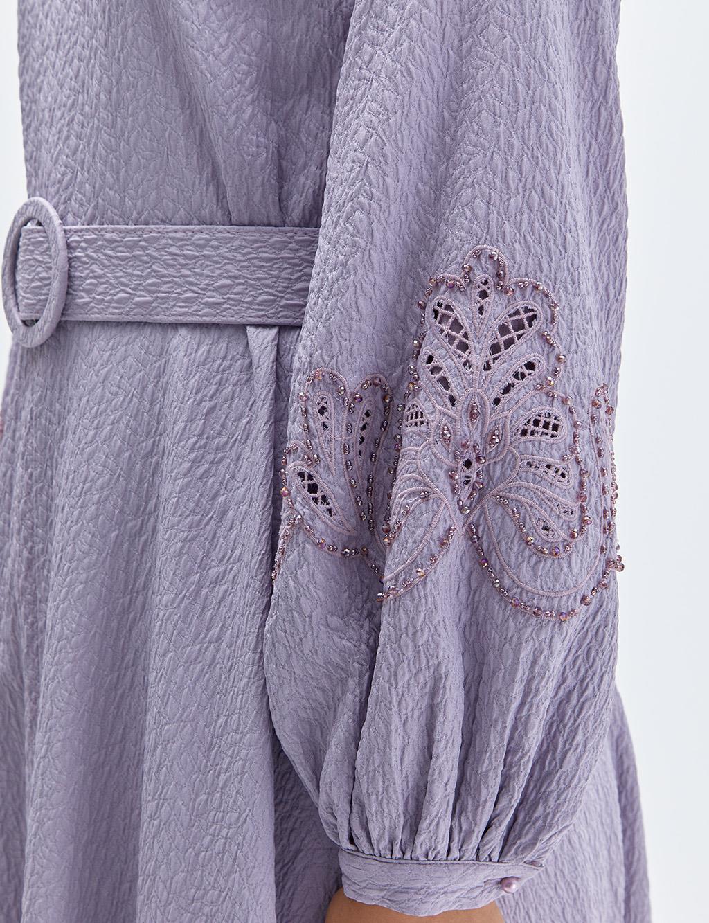 Stone Embroidered Embossed Dress Lilac