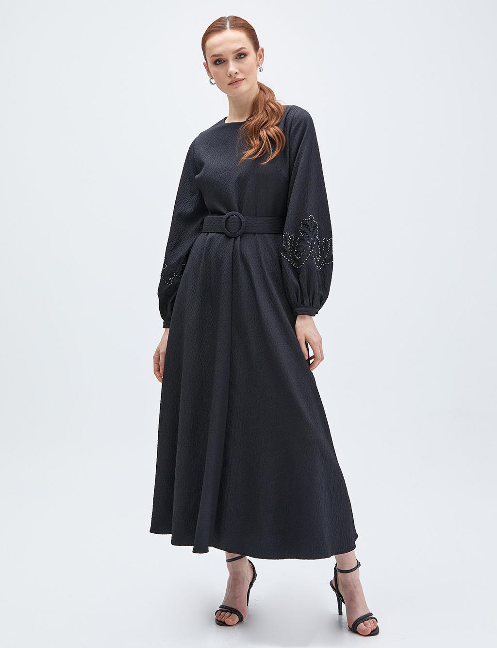 Stone Embroidered Embossed Dress Black