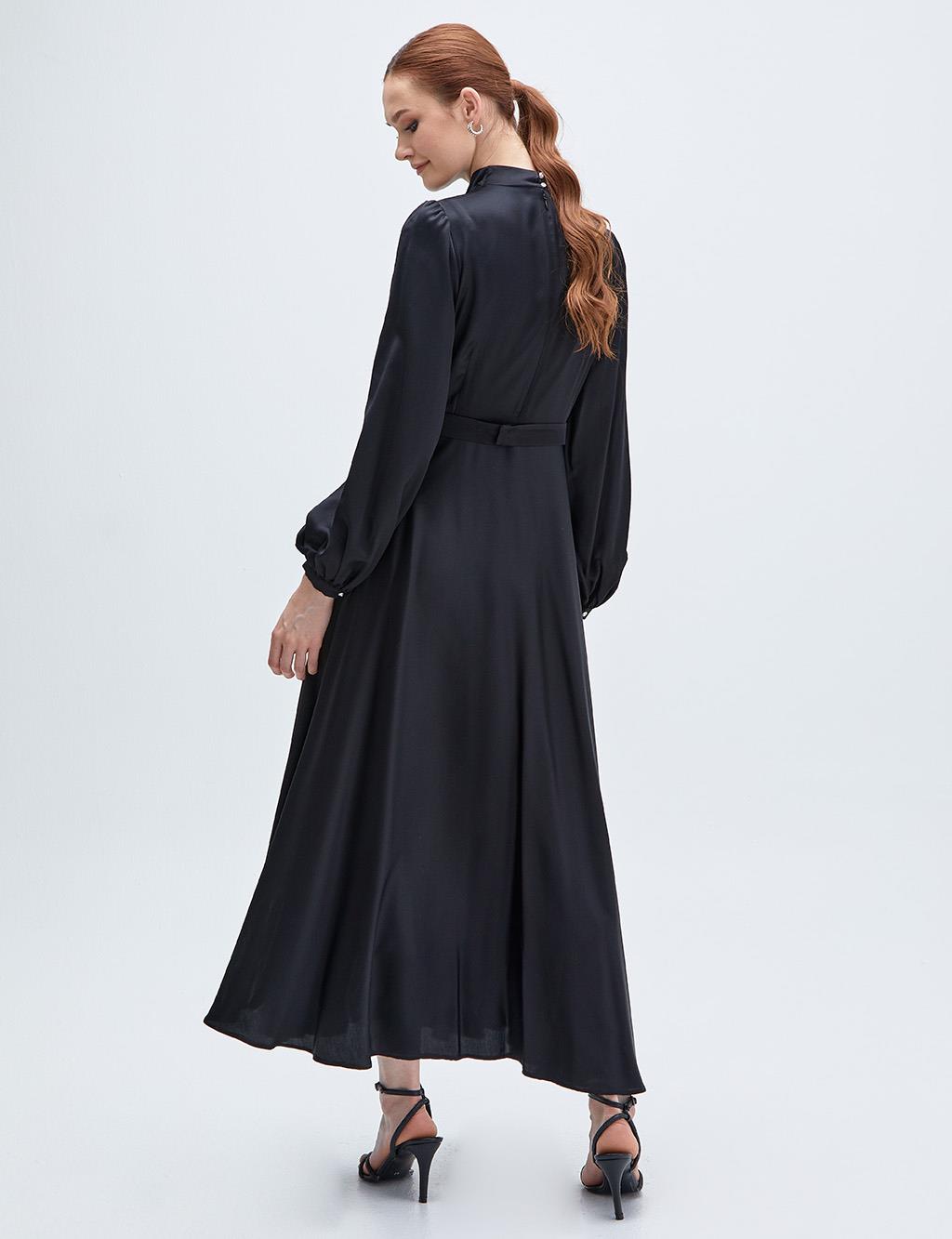 Shawl Collar Satin Dress Black