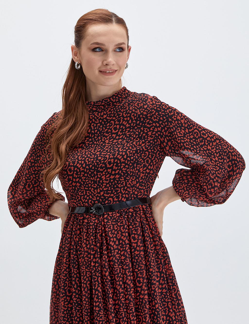 Belted Animal Print Dress Red