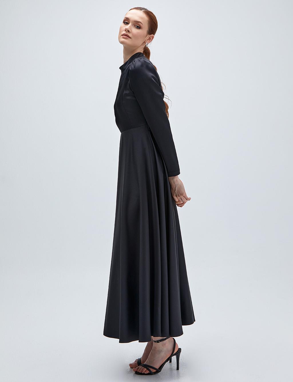 Black Collar Dress With Flowy Skirt Black