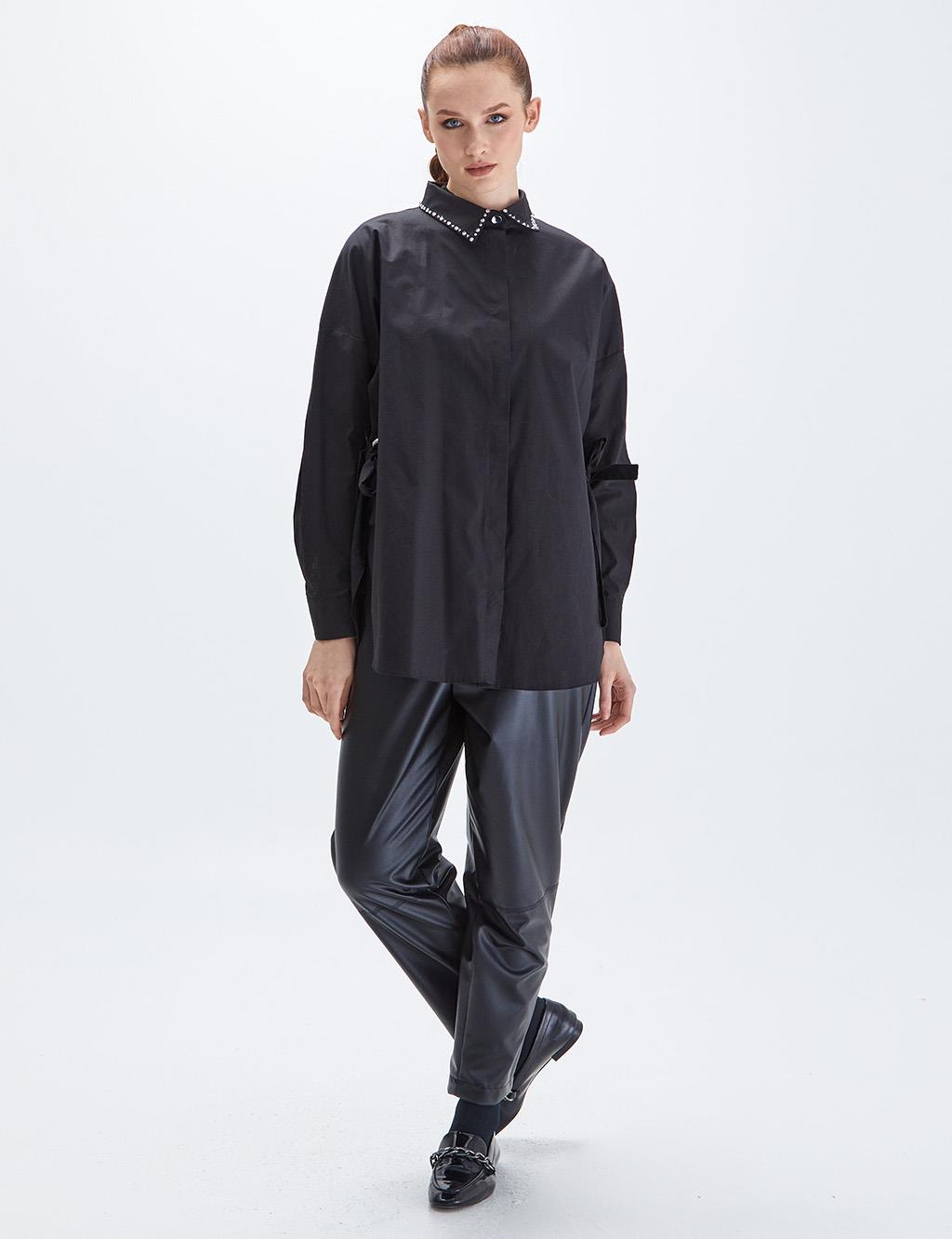 Stone Embroidered Hidden Placket Tunic Black