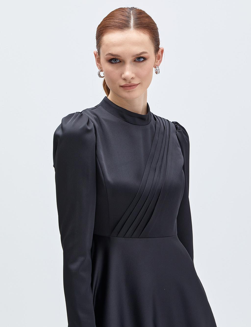Black Collar Dress With Flowy Skirt Black