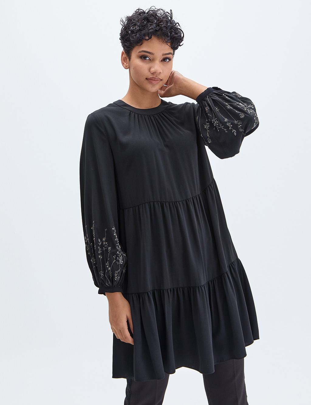 Embroidered Sleeves Layered Tunic Black