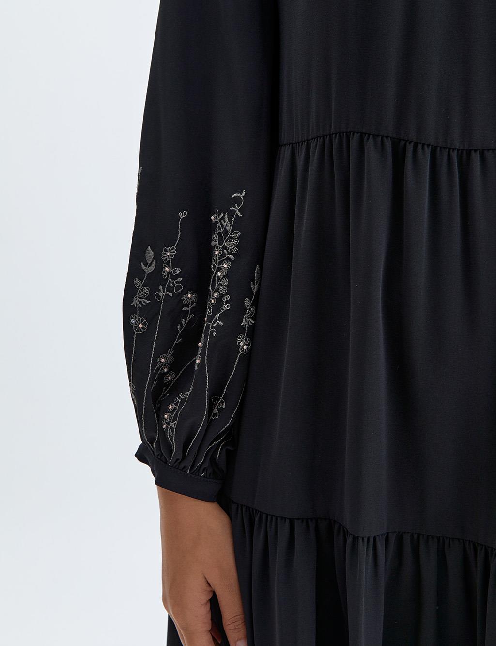 Embroidered Sleeves Layered Tunic Black