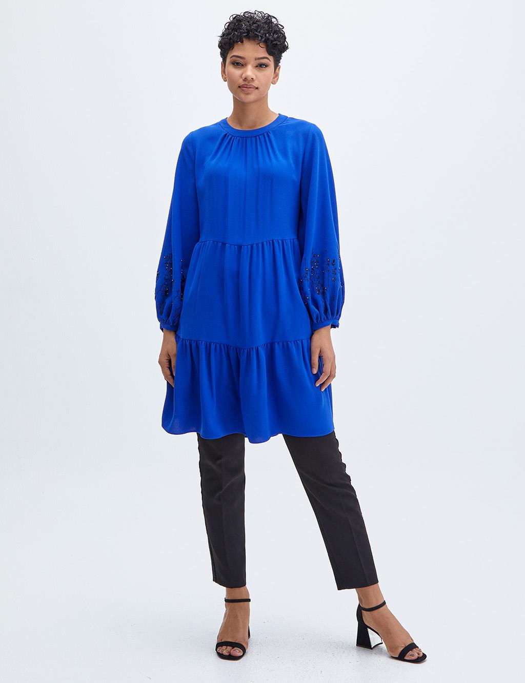 Embroidered Sleeves Layered Tunic Sax