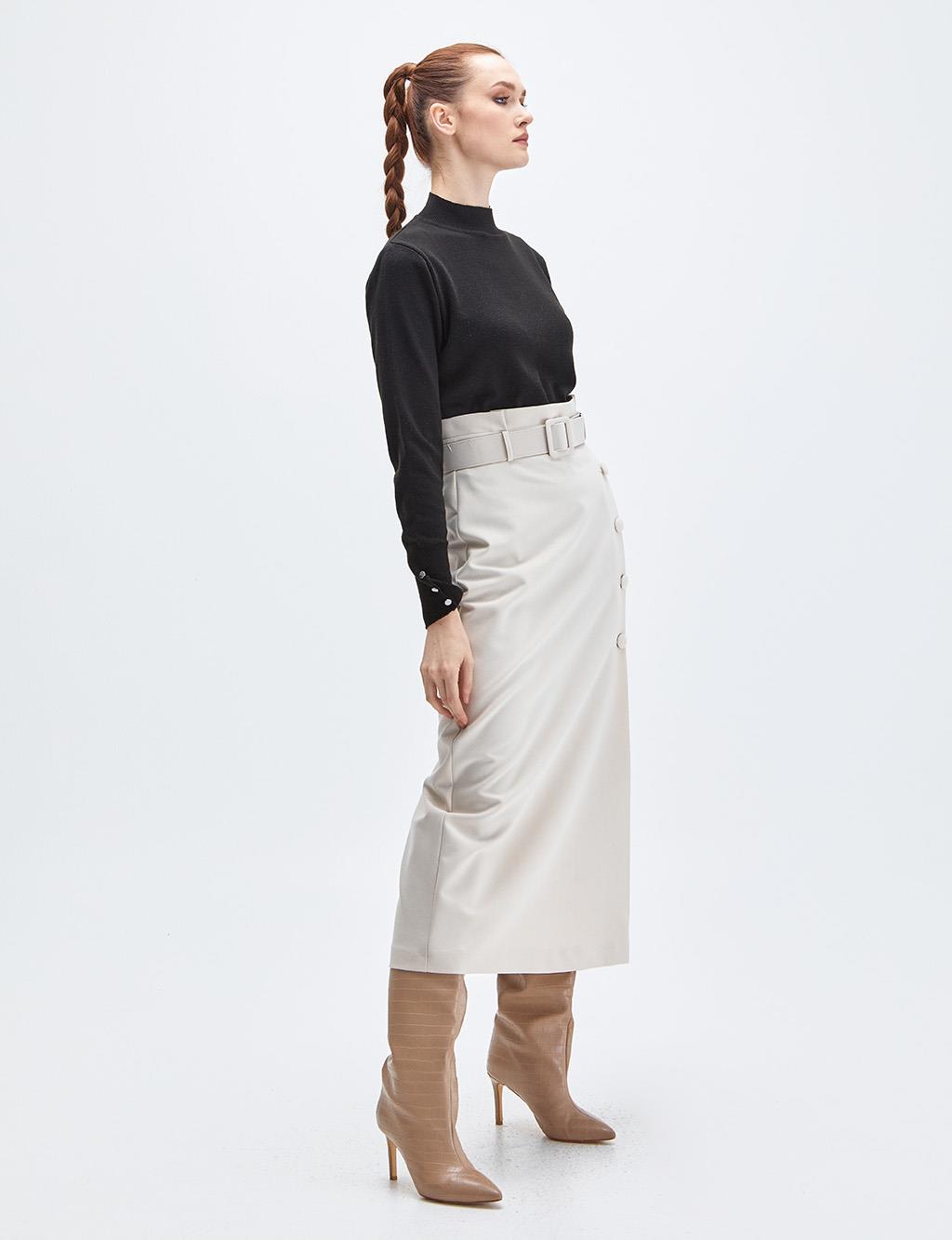 Belted Pleated Skirt Cream