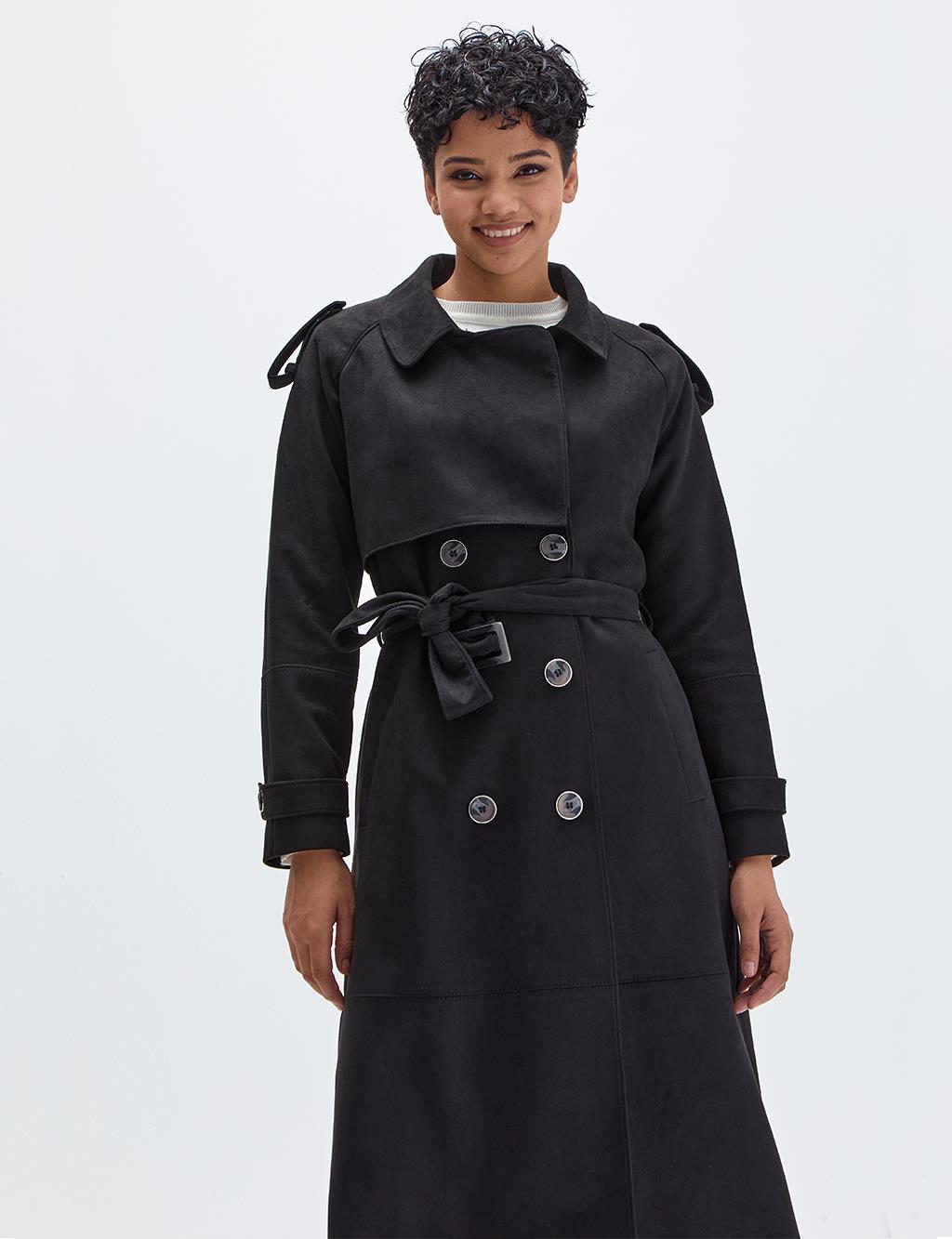 Double Breasted Suede Trench Coat Black
