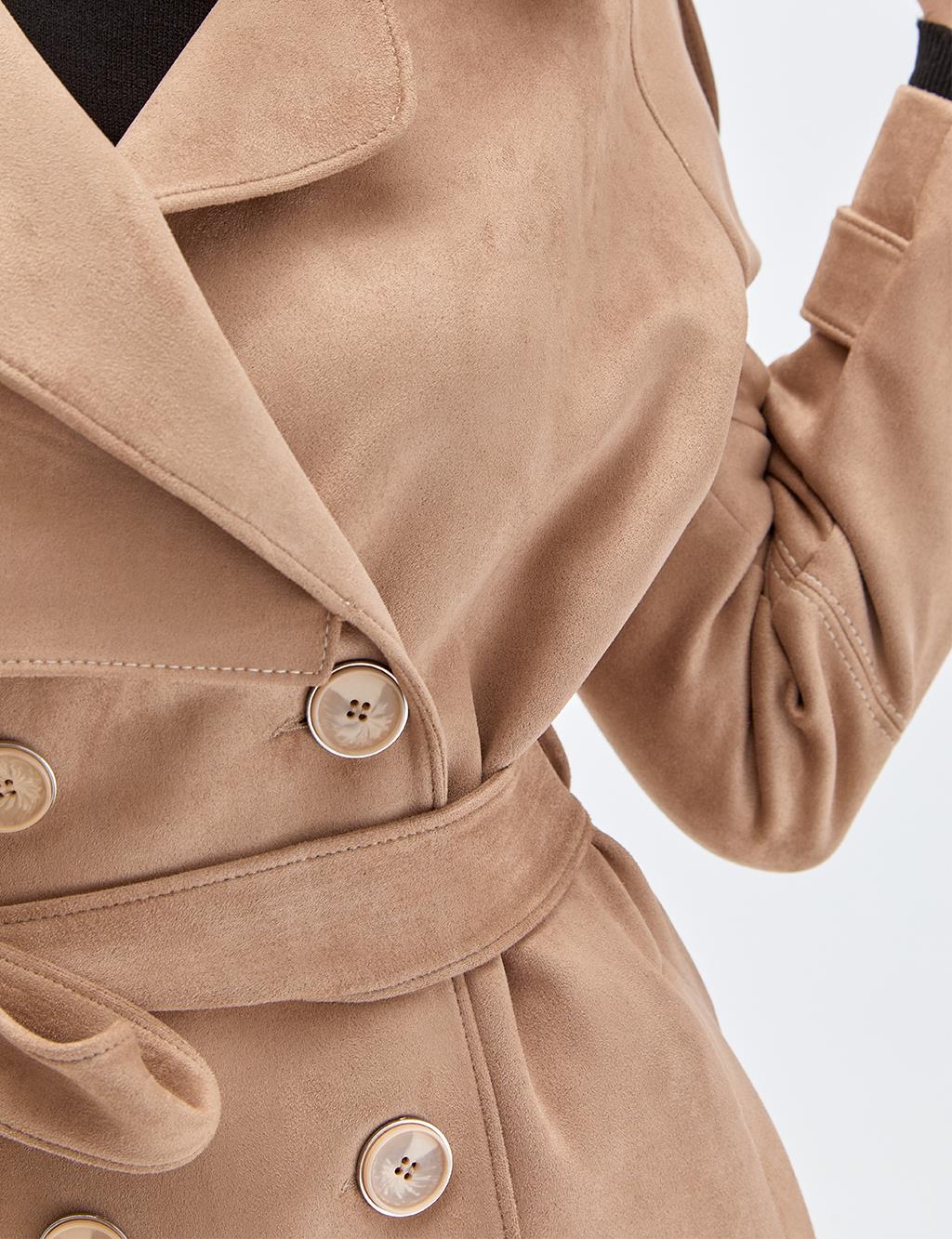 Double Breasted Suede Trench Coat Light Beige