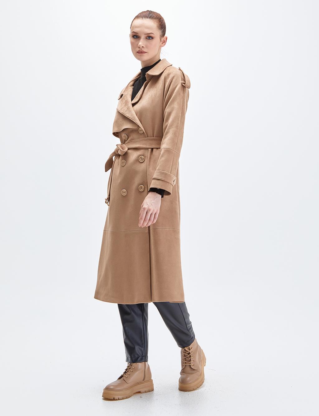 Double Breasted Suede Trench Coat Light Beige