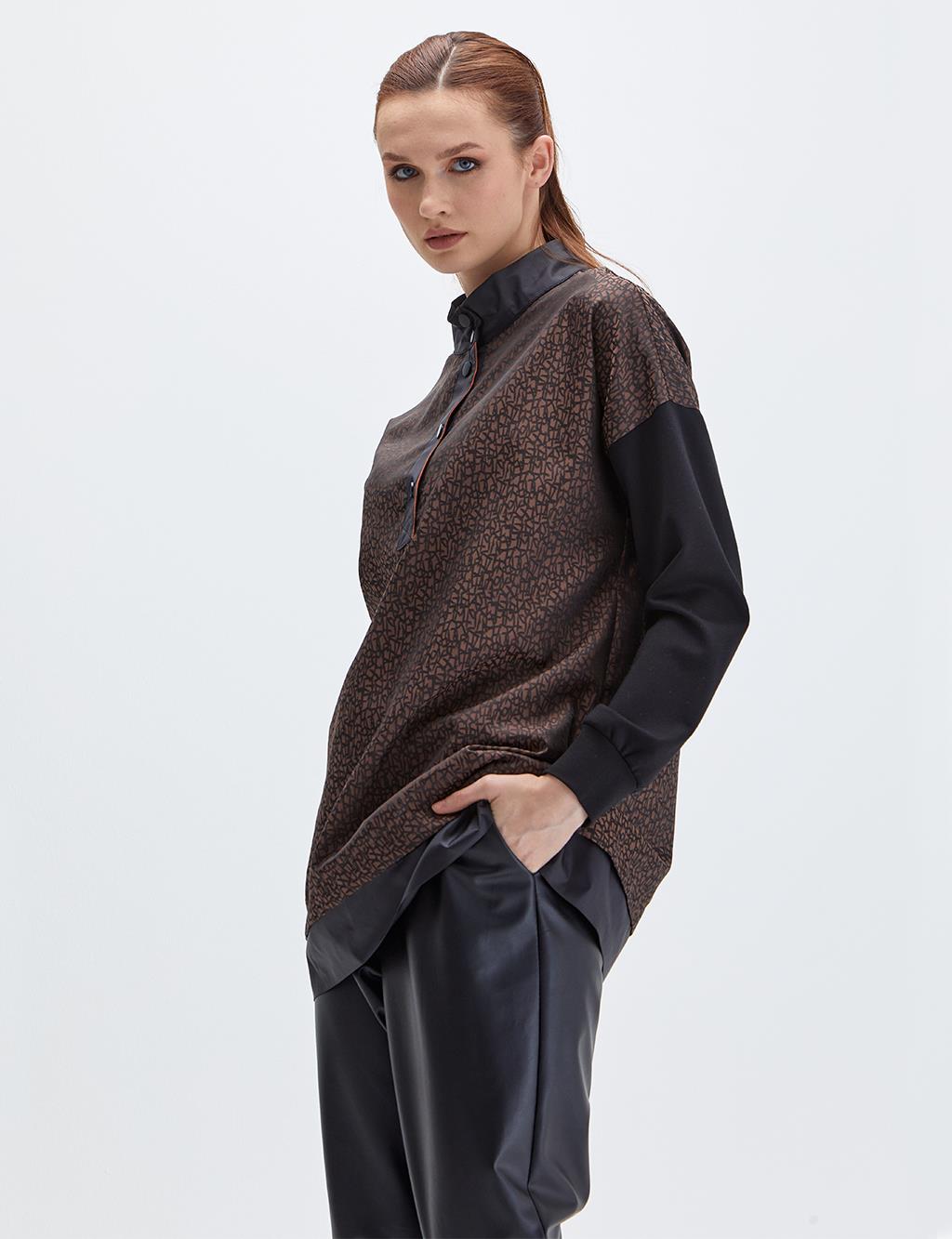 Abstract Patterned Grandad Collar Blouse Brown
