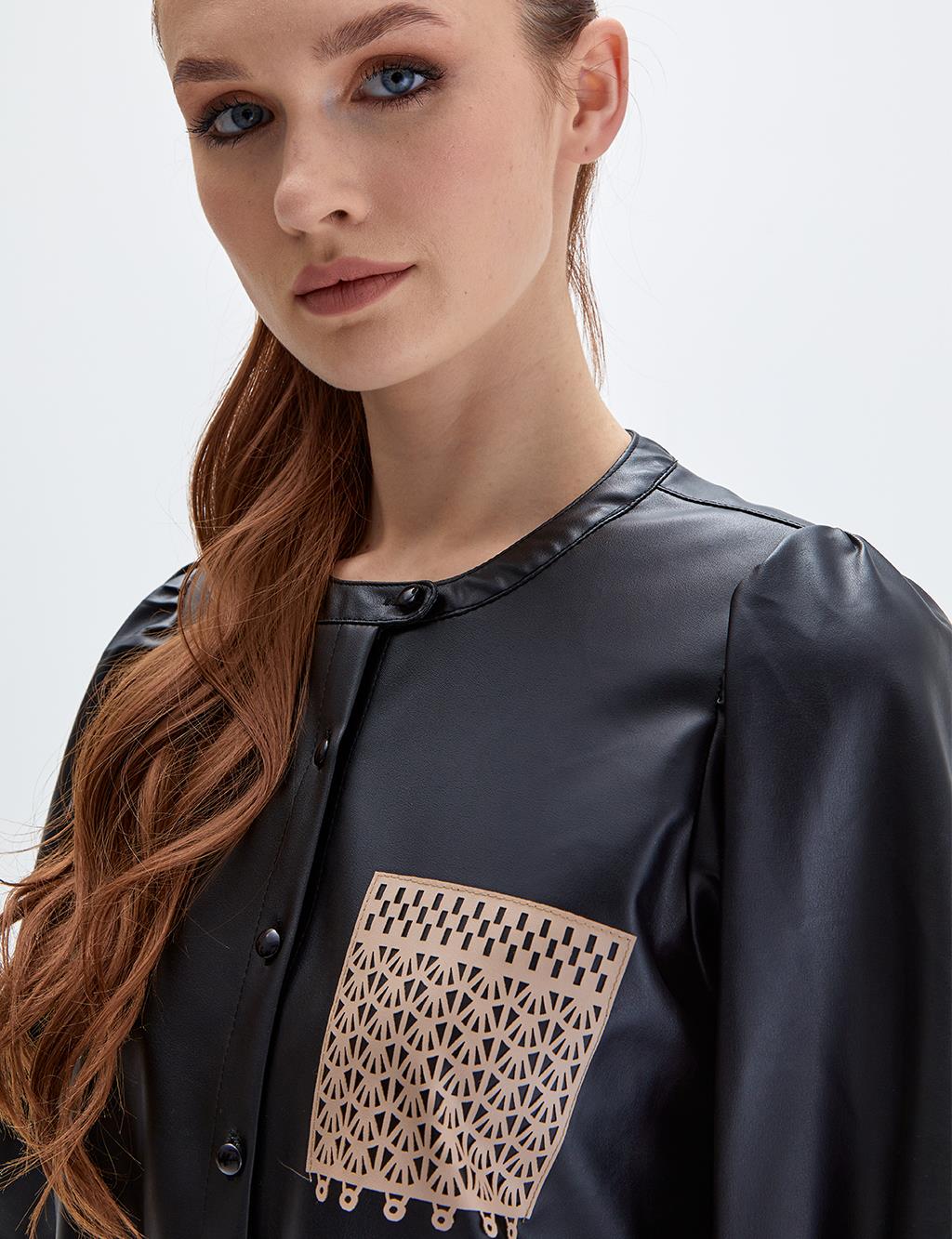 Round Neck Collar Faux Leather Blouse Black