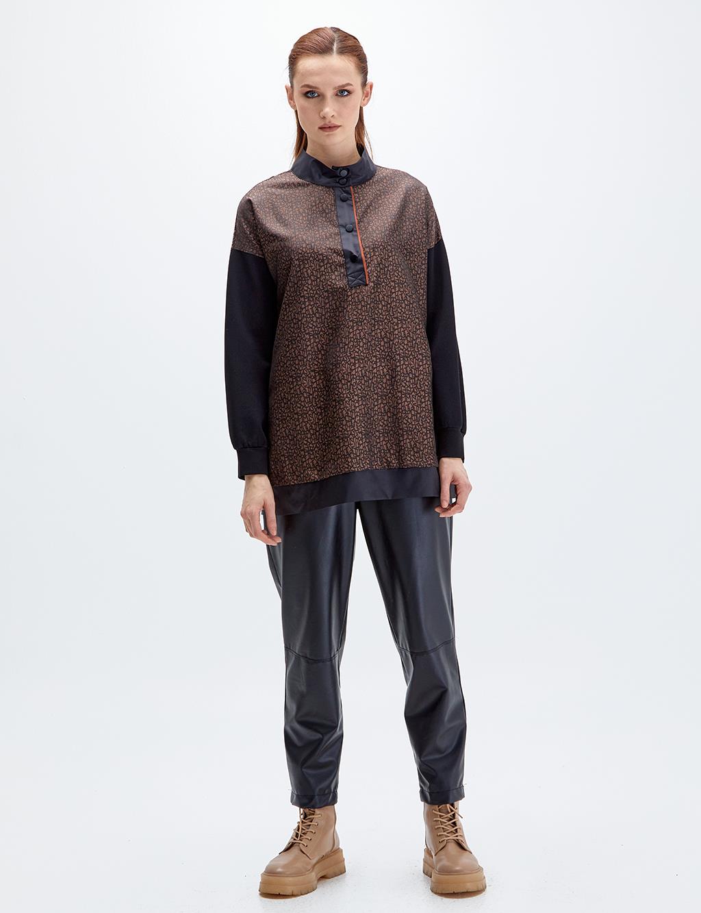 Abstract Patterned Grandad Collar Blouse Brown