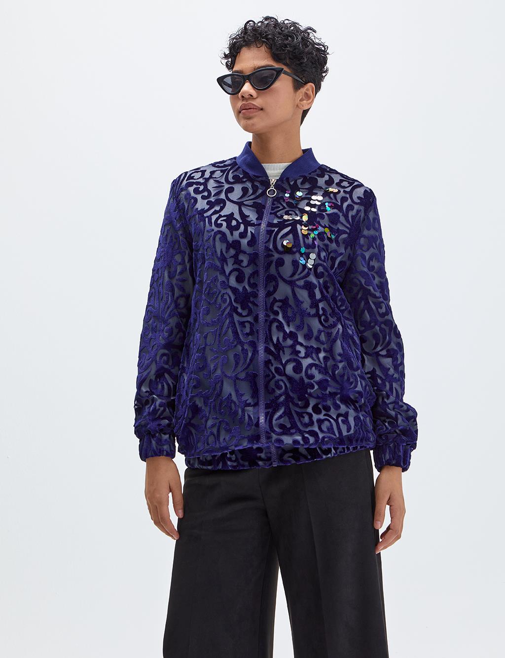 Zipper Closure Ethnic Pattern Jacket Purple