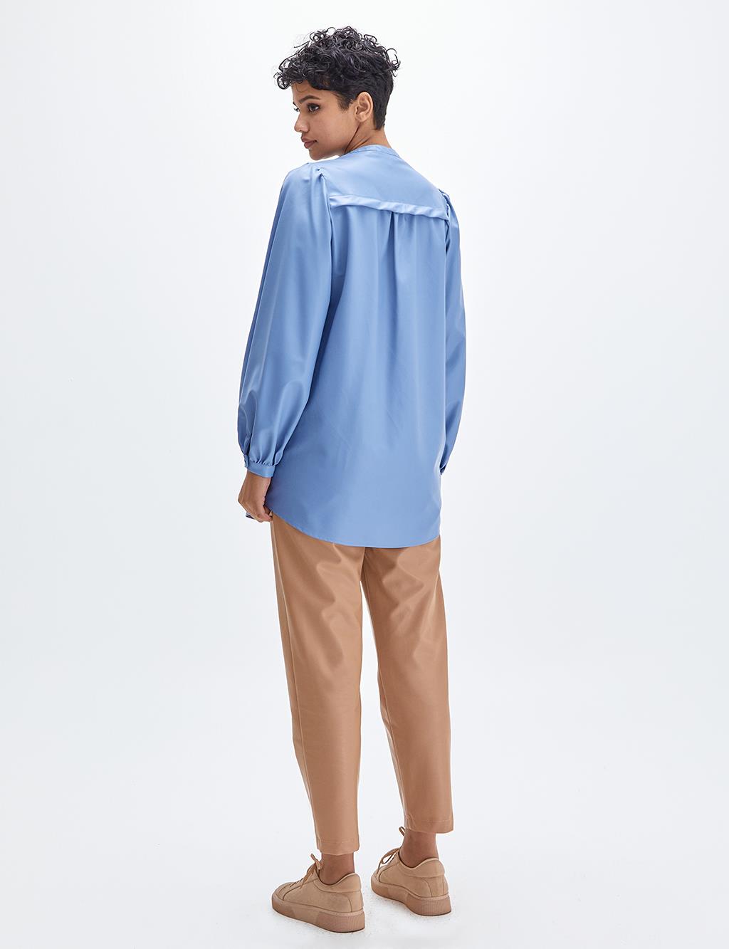 Round Neck Collar Faux Leather Blouse Sky Blue