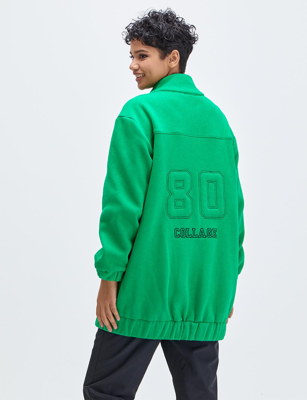 Fermuar Kapamalı Armalı Sweatshirt Yeşil
