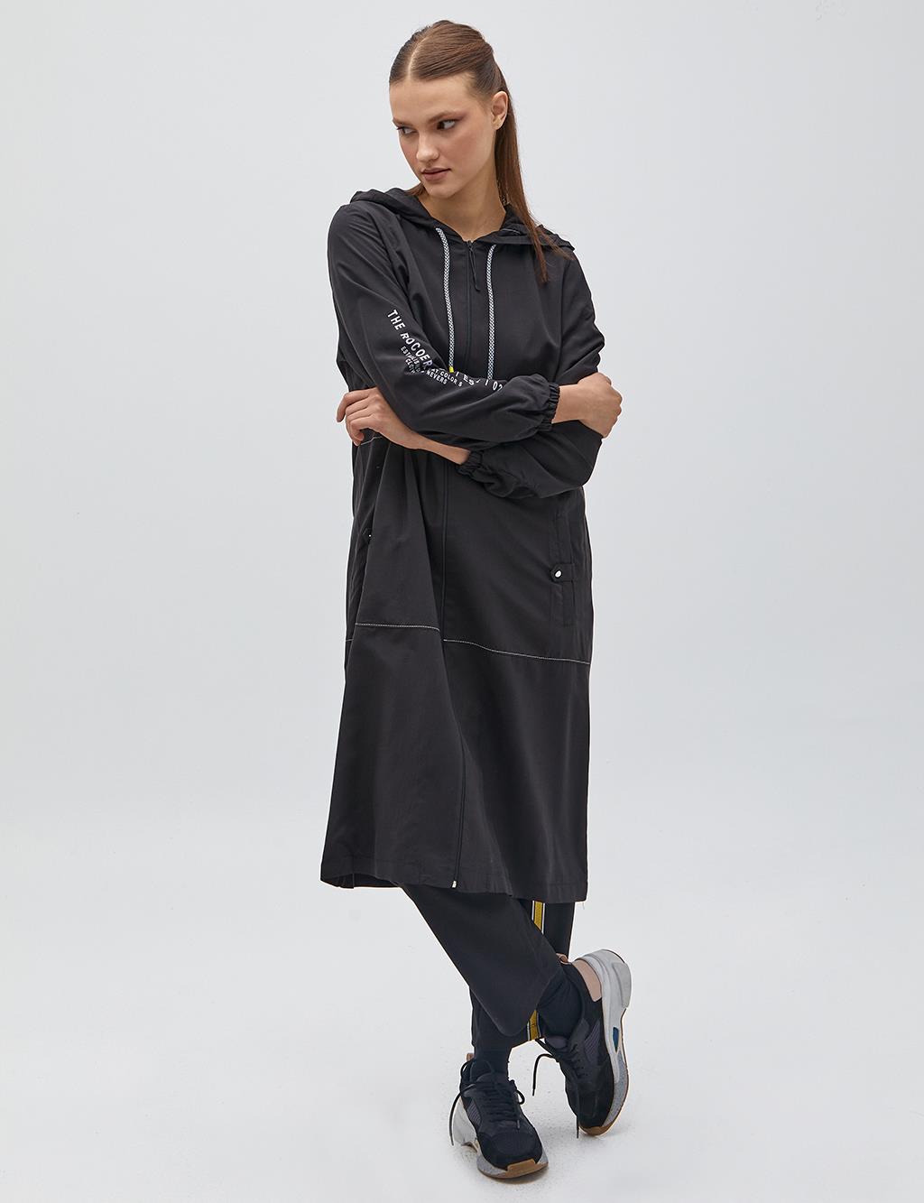 Punto Stitched Hooded Trench Coat Black