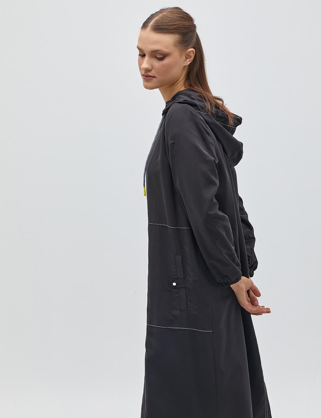 Punto Stitched Hooded Trench Coat Black