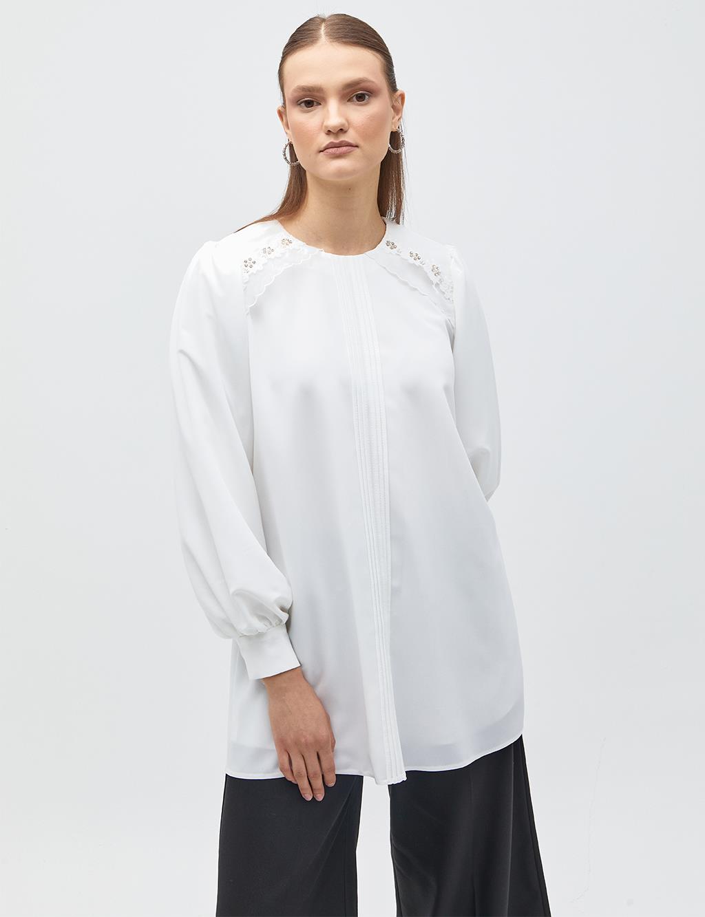 Round Neck Collar Scalloped Tunic Ecru