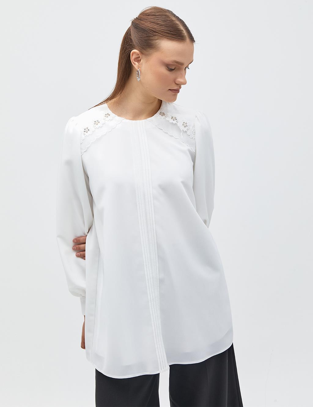 Round Neck Collar Scalloped Tunic Ecru