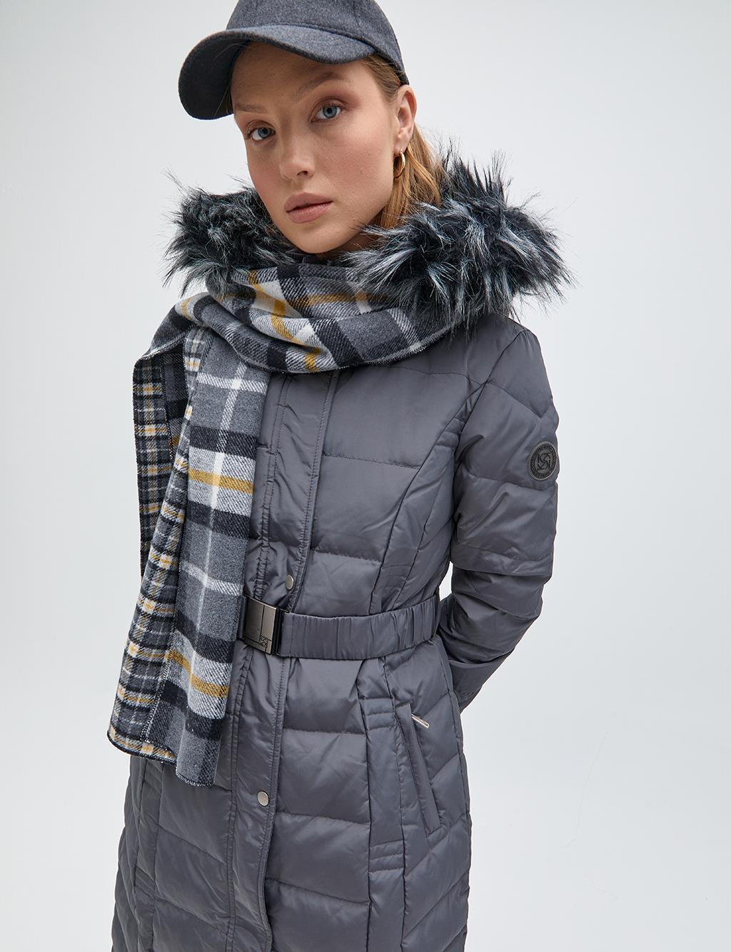 Fur Hooded Ribbed Goose Down Coat Smoked