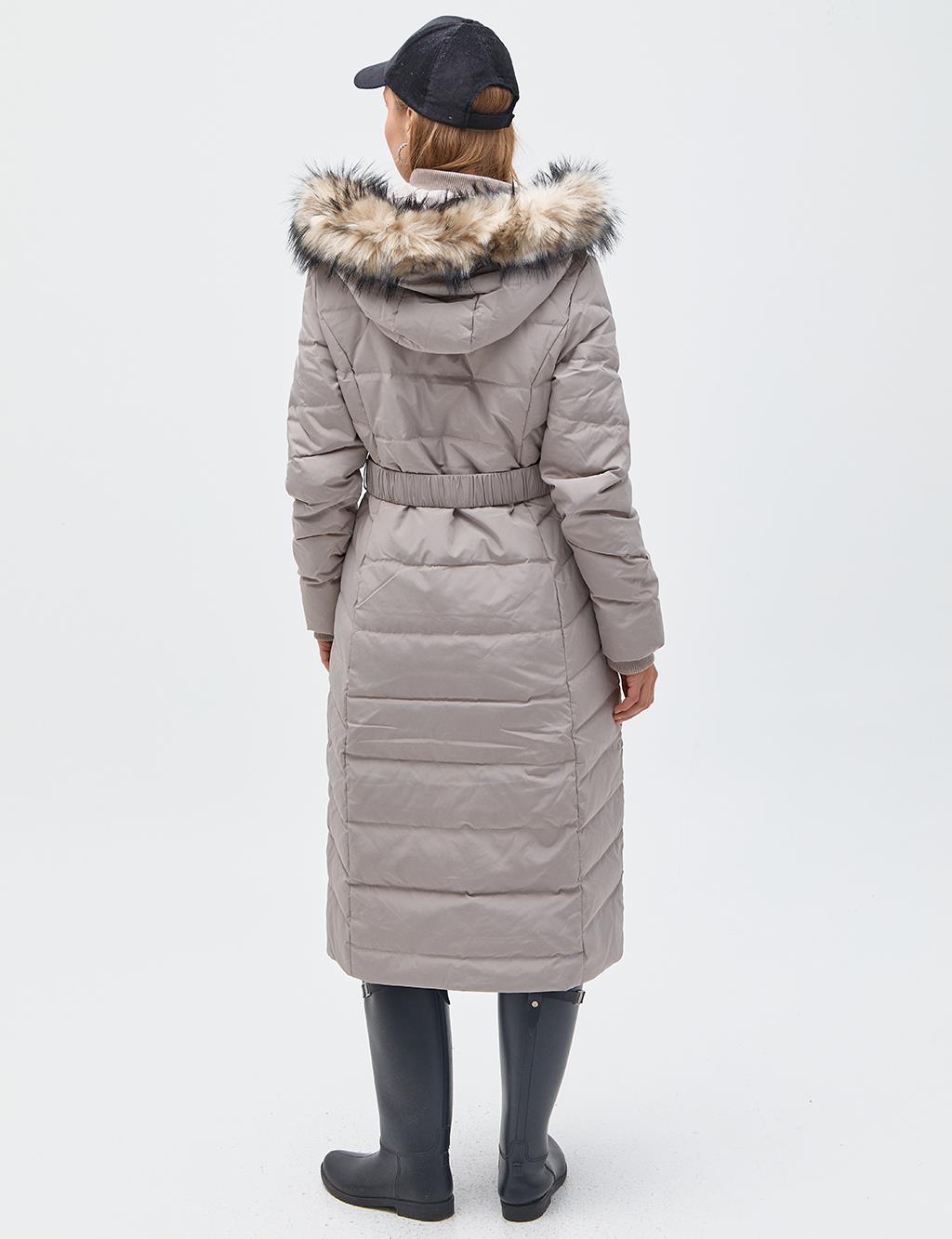 Fur Hooded Ribbed Goose Down Coat Stone