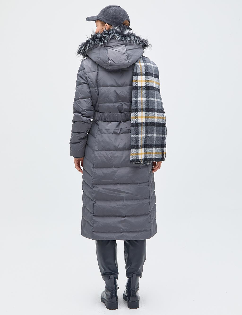 Fur Hooded Ribbed Goose Down Coat Smoked