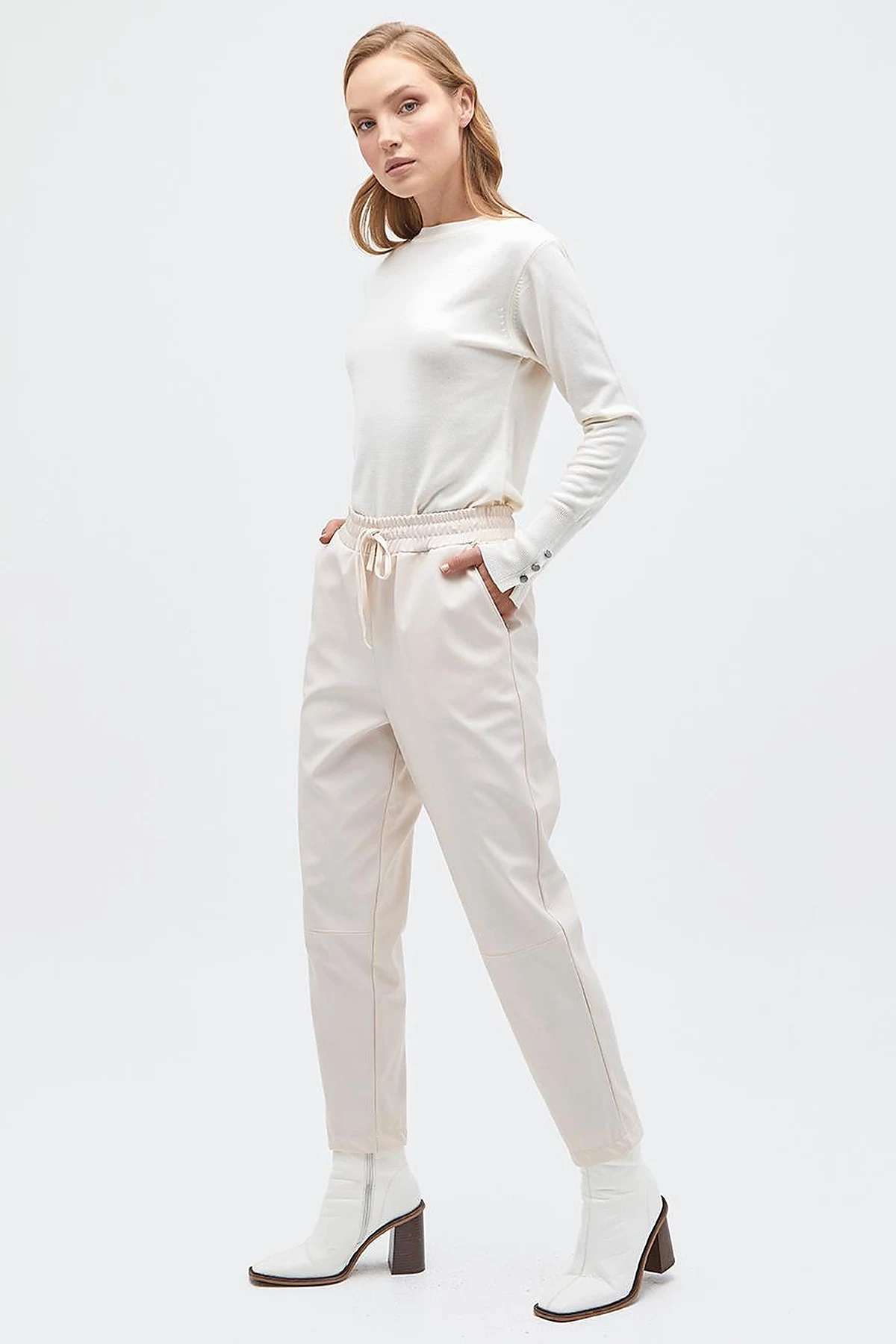Elastic Waist Faux Leather Pants Cream