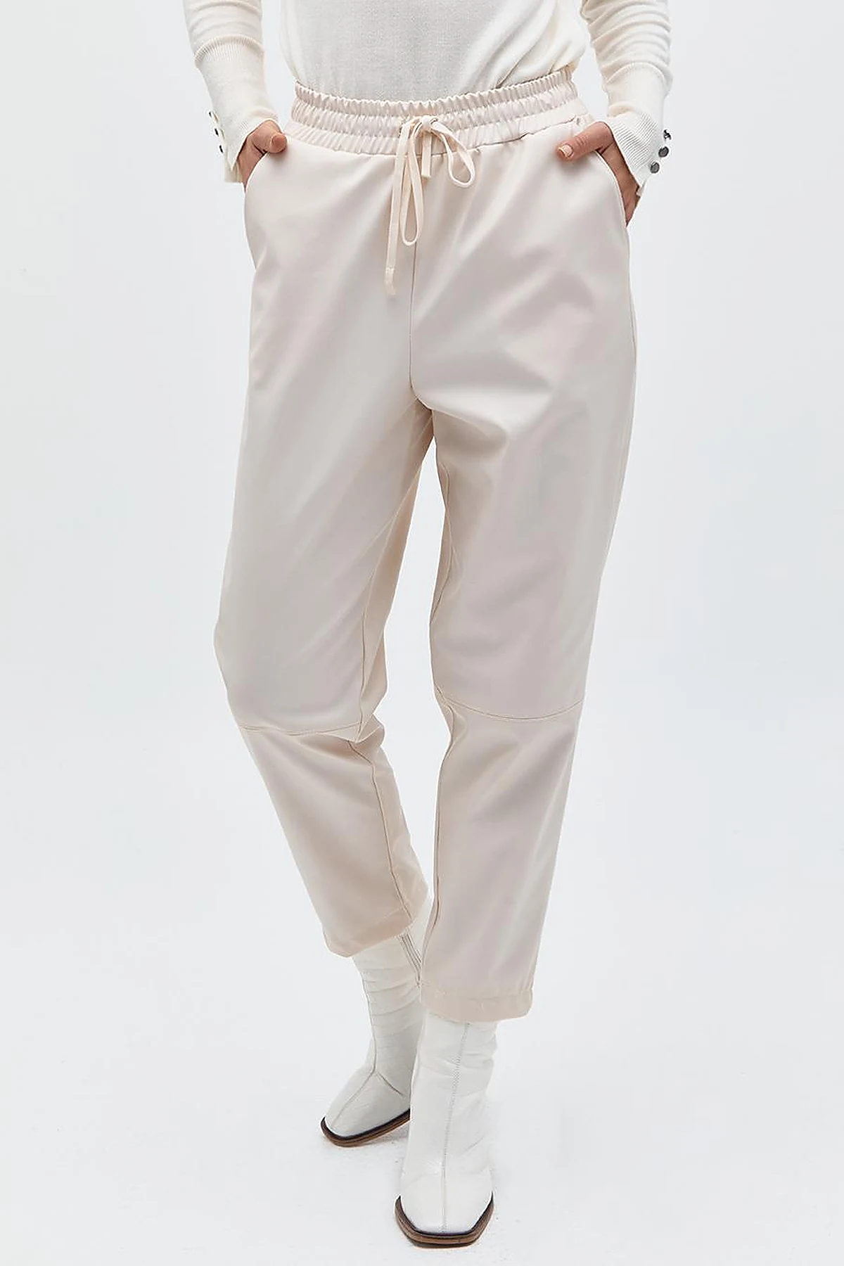 Elastic Waist Faux Leather Pants Cream