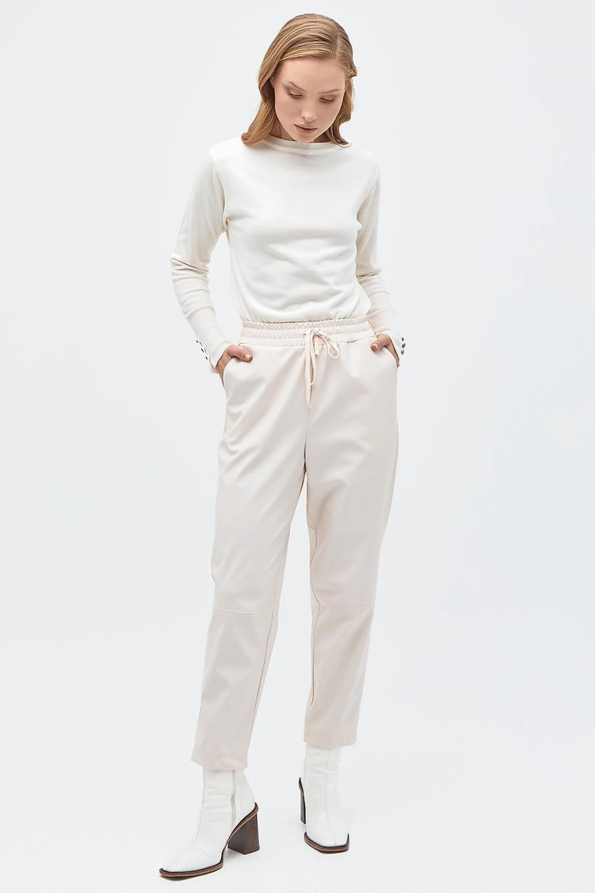 Elastic Waist Faux Leather Pants Cream