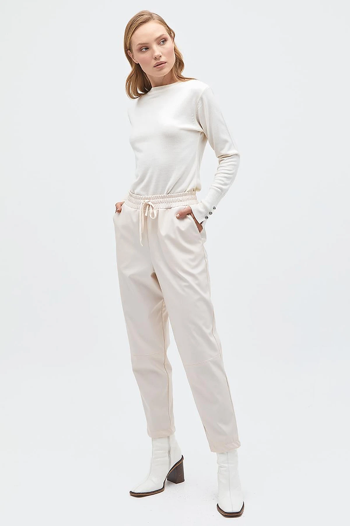 Elastic Waist Faux Leather Pants Cream