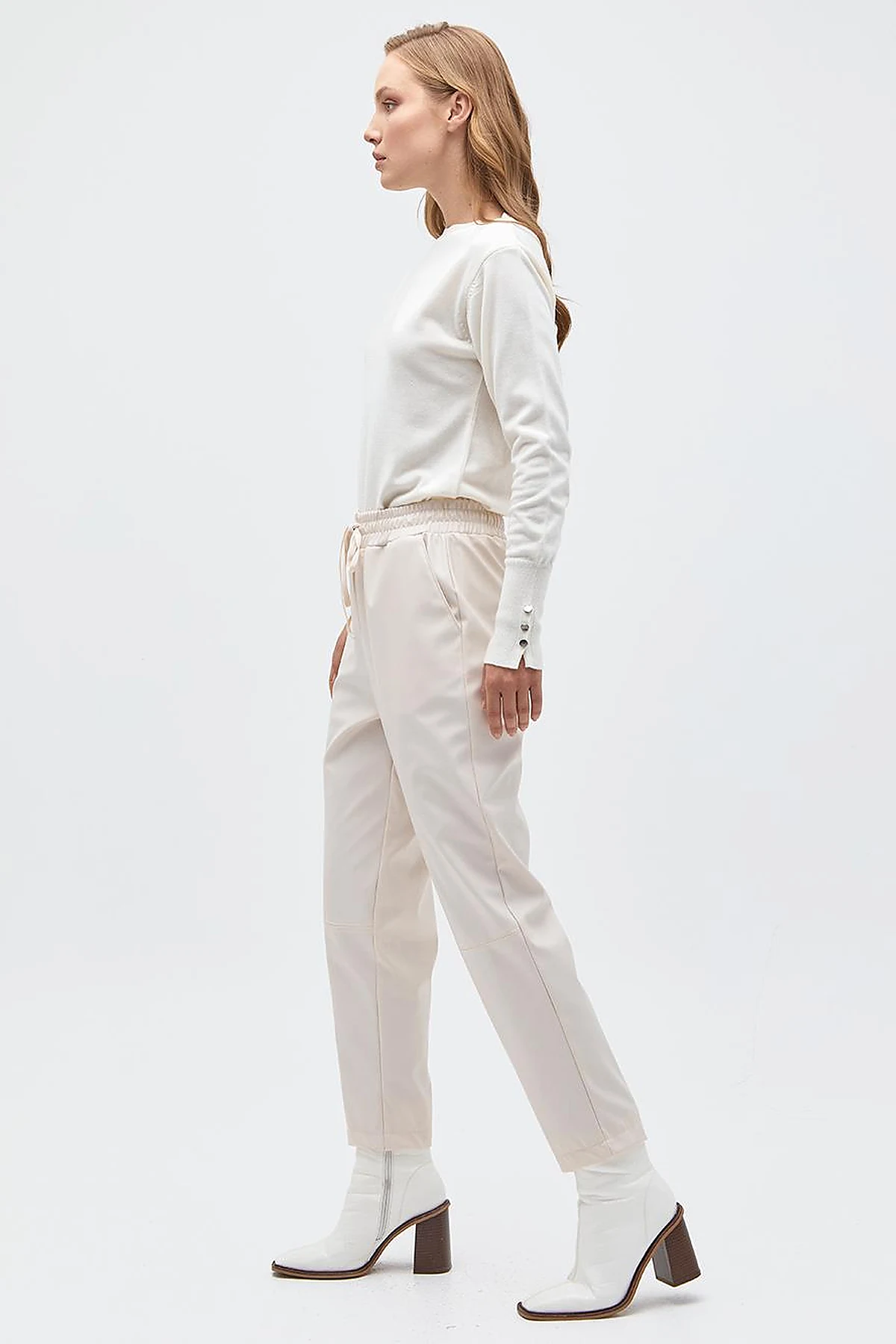 Elastic Waist Faux Leather Pants Cream