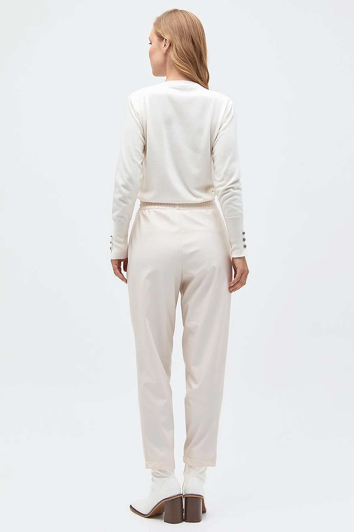 Elastic Waist Faux Leather Pants Cream