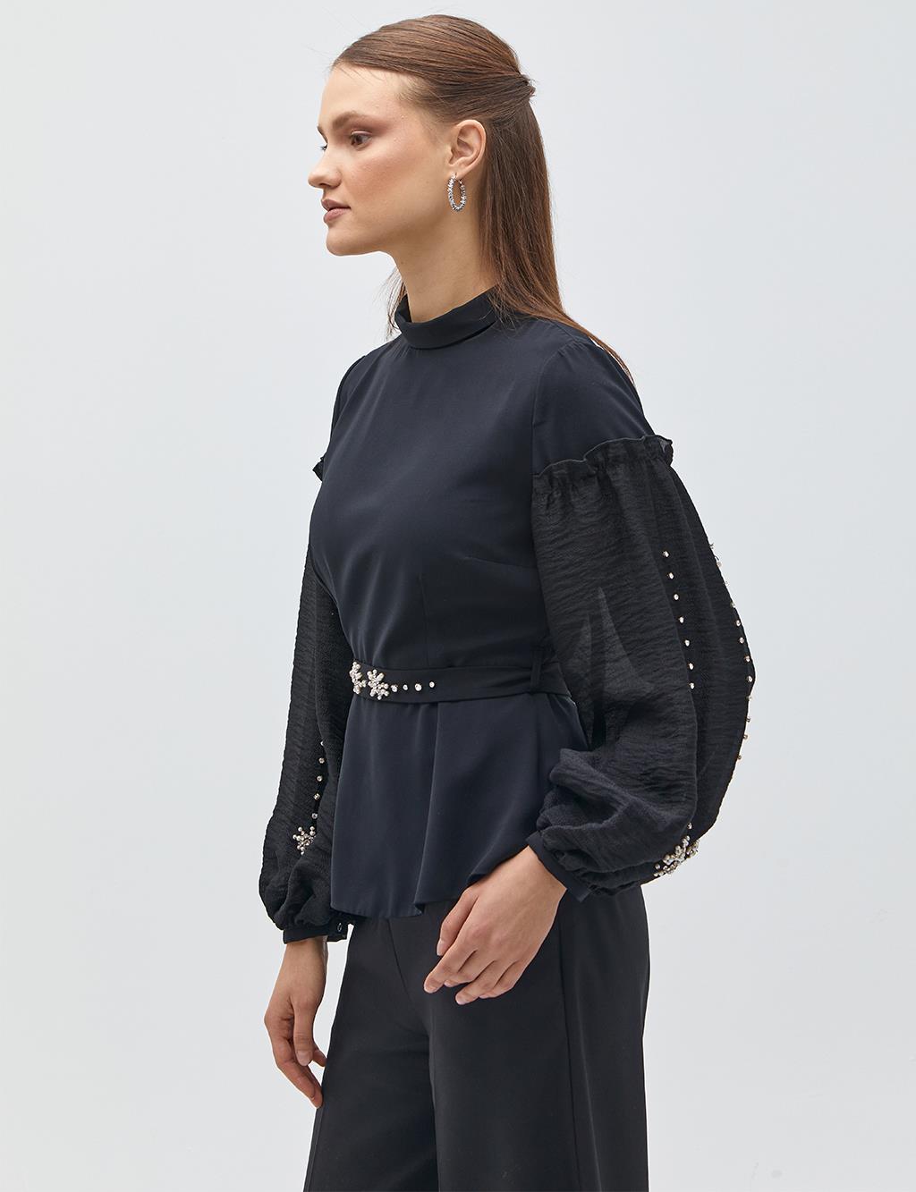 Stone Belted Blouse Black