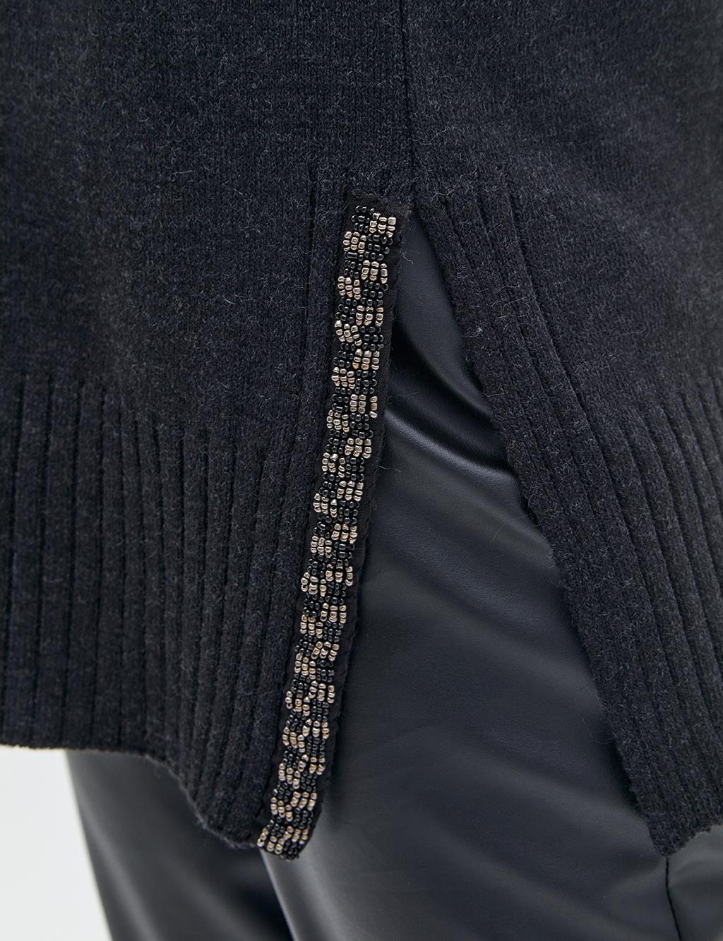 Side Slit Round Neck Collar Knitwear Tunic Black