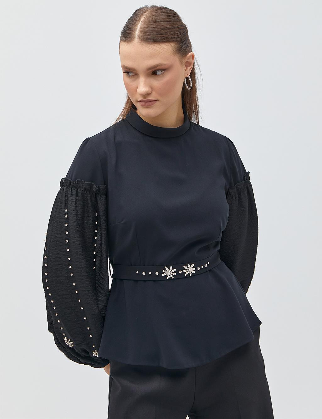 Stone Belted Blouse Black