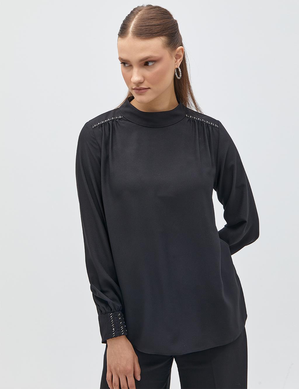 Black Blouse with Stones on the Shoulders and Wrists