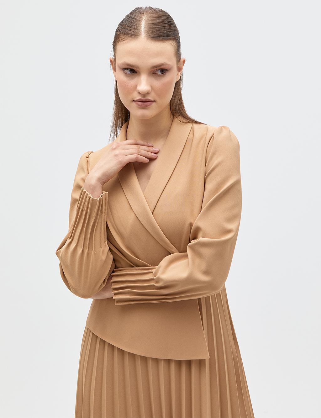 Pleated Skirt Double Breasted Dress Beige