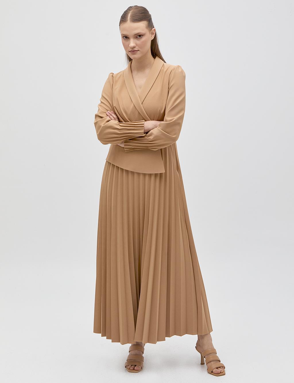 Pleated Skirt Double Breasted Dress Beige