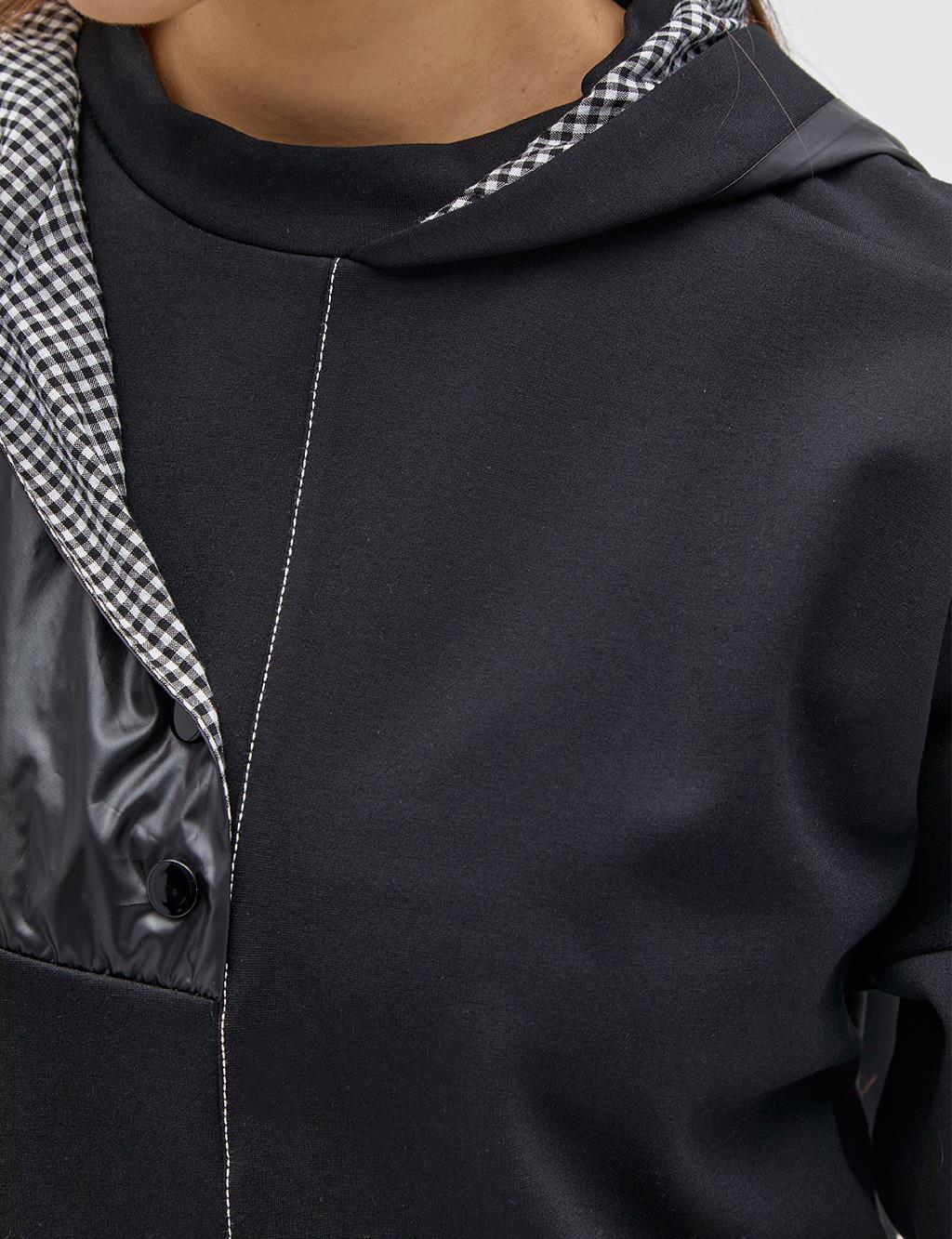 Faux Leather Hoodie Punto Stitched Sweatshirt Black