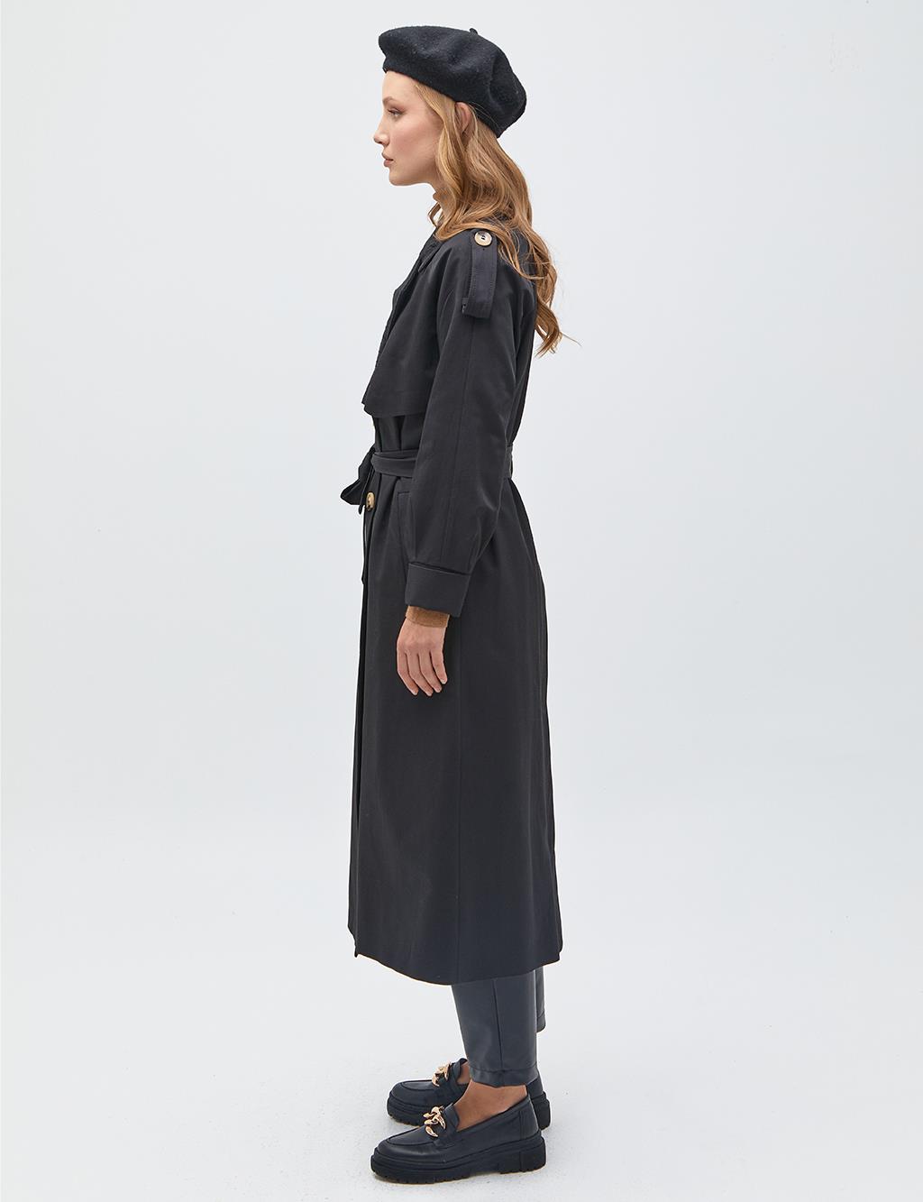 Embroidered Double Breasted Trench Coat Black