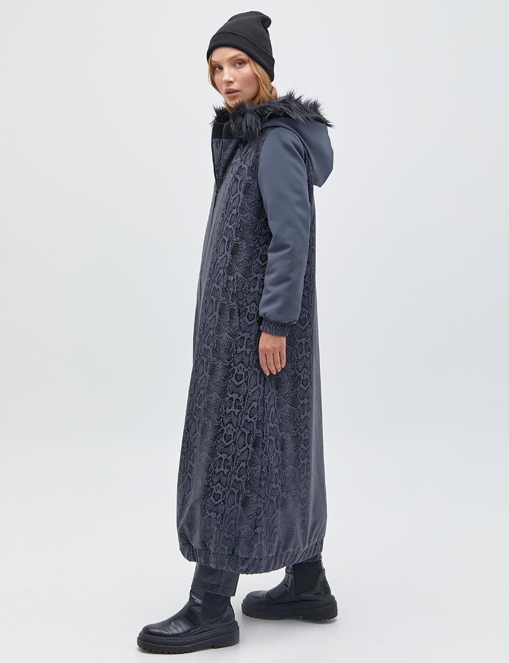 Fur Hooded Animal Print Topcoat Black