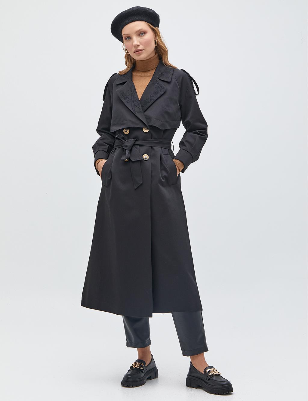 Embroidered Double Breasted Trench Coat Black